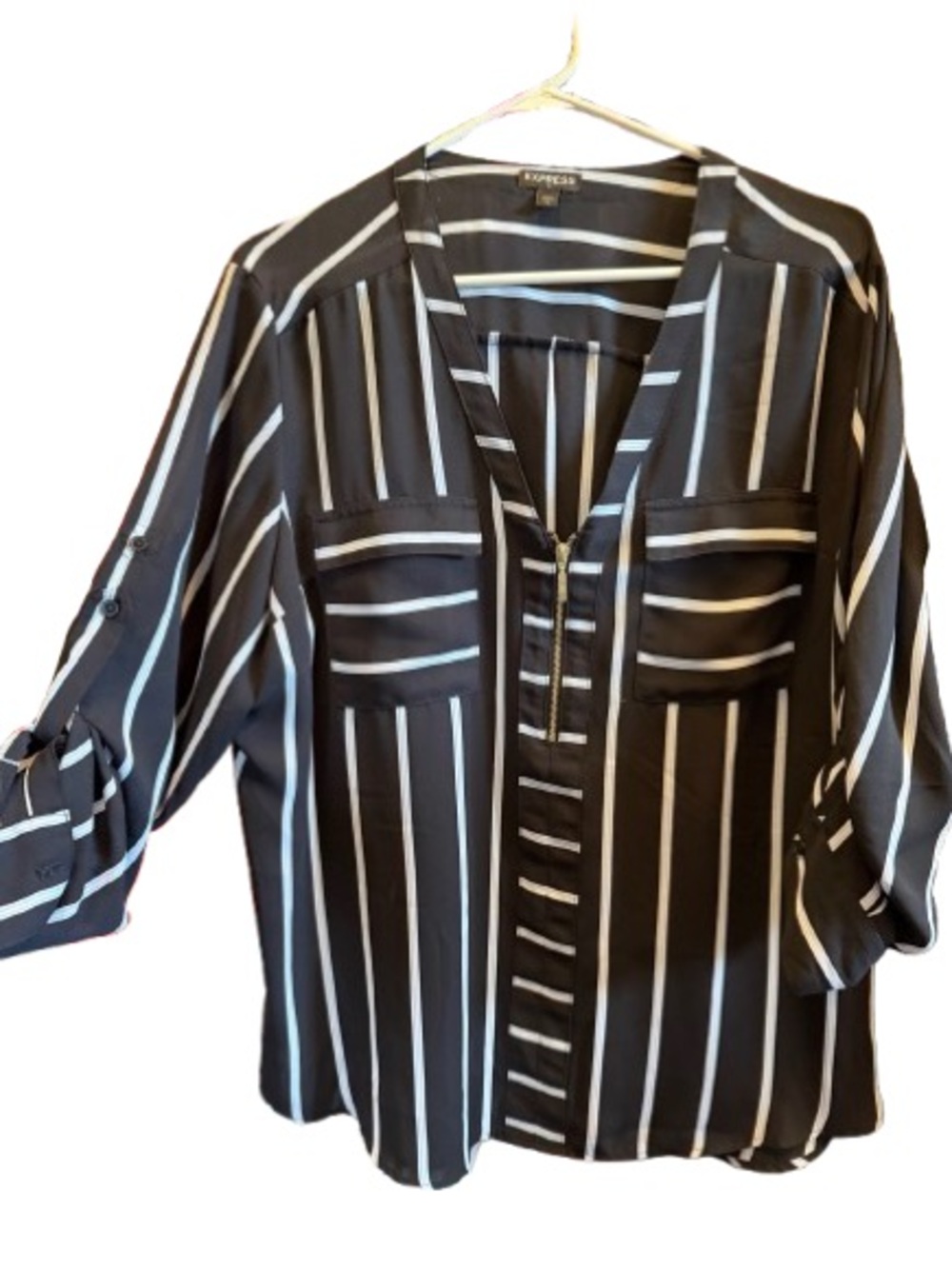 Express Black and White Striped Zip-Front Button Down Blouse